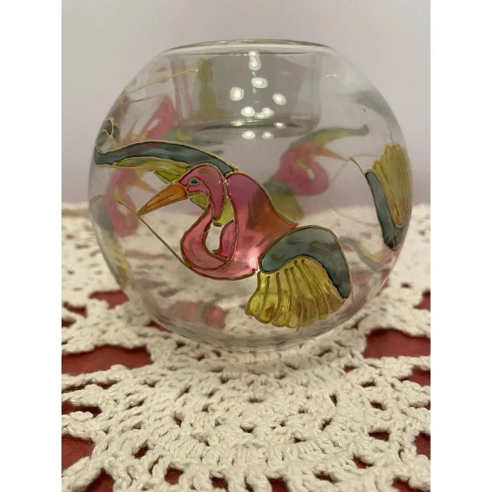 Vintage Crystal Hand Painted Bowl/ Candle Holder made in Romania & Tea Lite
